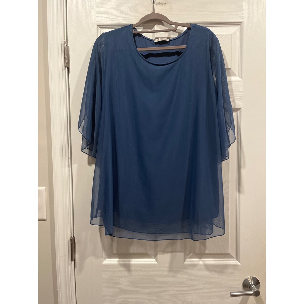 Sese Code Blue Mesh Overlay Blouse XXL Short Flutter Sleeve Layered Scoop Neck